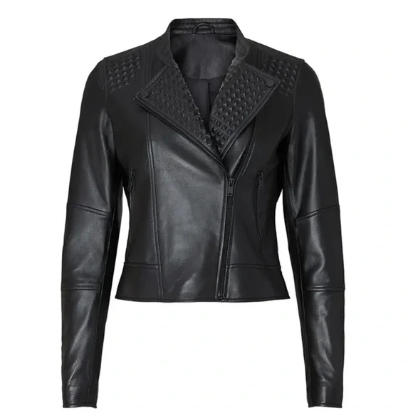 Slate & Willow Embossed Studs Moto Black 100% Leather Jacket Zipper Pockets XS/S - Picture 1 of 16